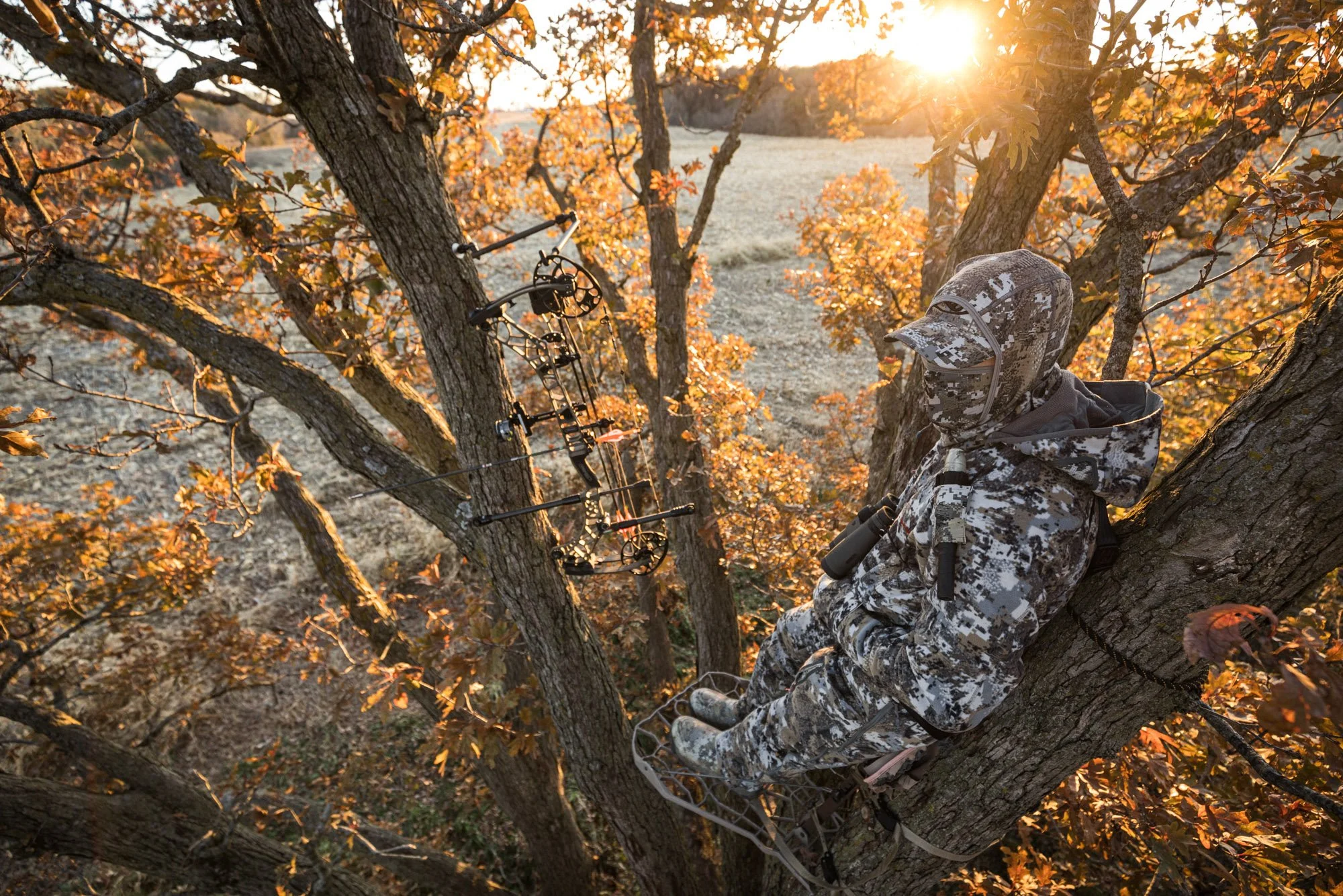 Ben Harshyne sits in a treestand overlooking a hunting property during bow season in southeast Iowa.