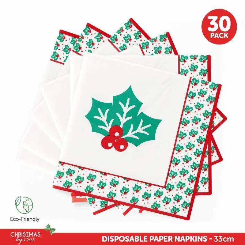 Paper Napkins Holly Design - Enviro Disposable - 30pk