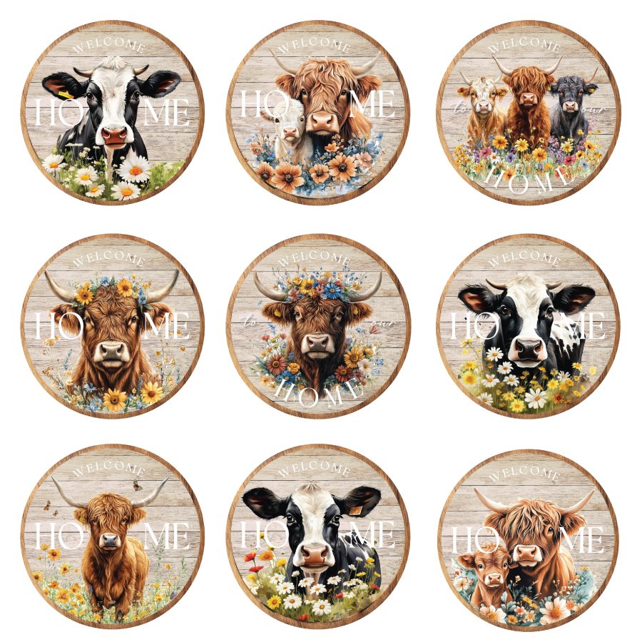 Country Circle Wooden Cow Welcome Sign - Assorted Designs
