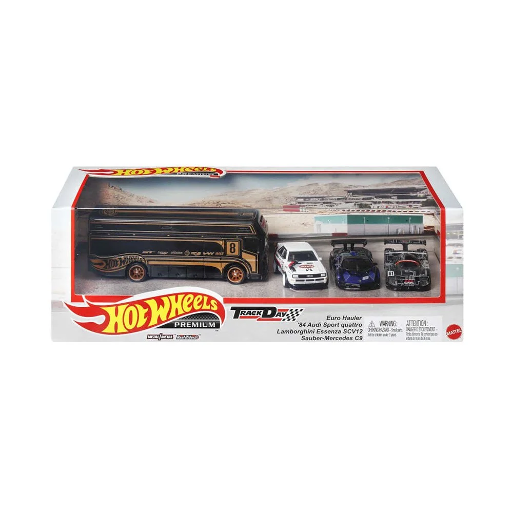 Hot Wheels 1:64 Track Day Premium Collector Set – 3 Cars + Transport Vehicle
