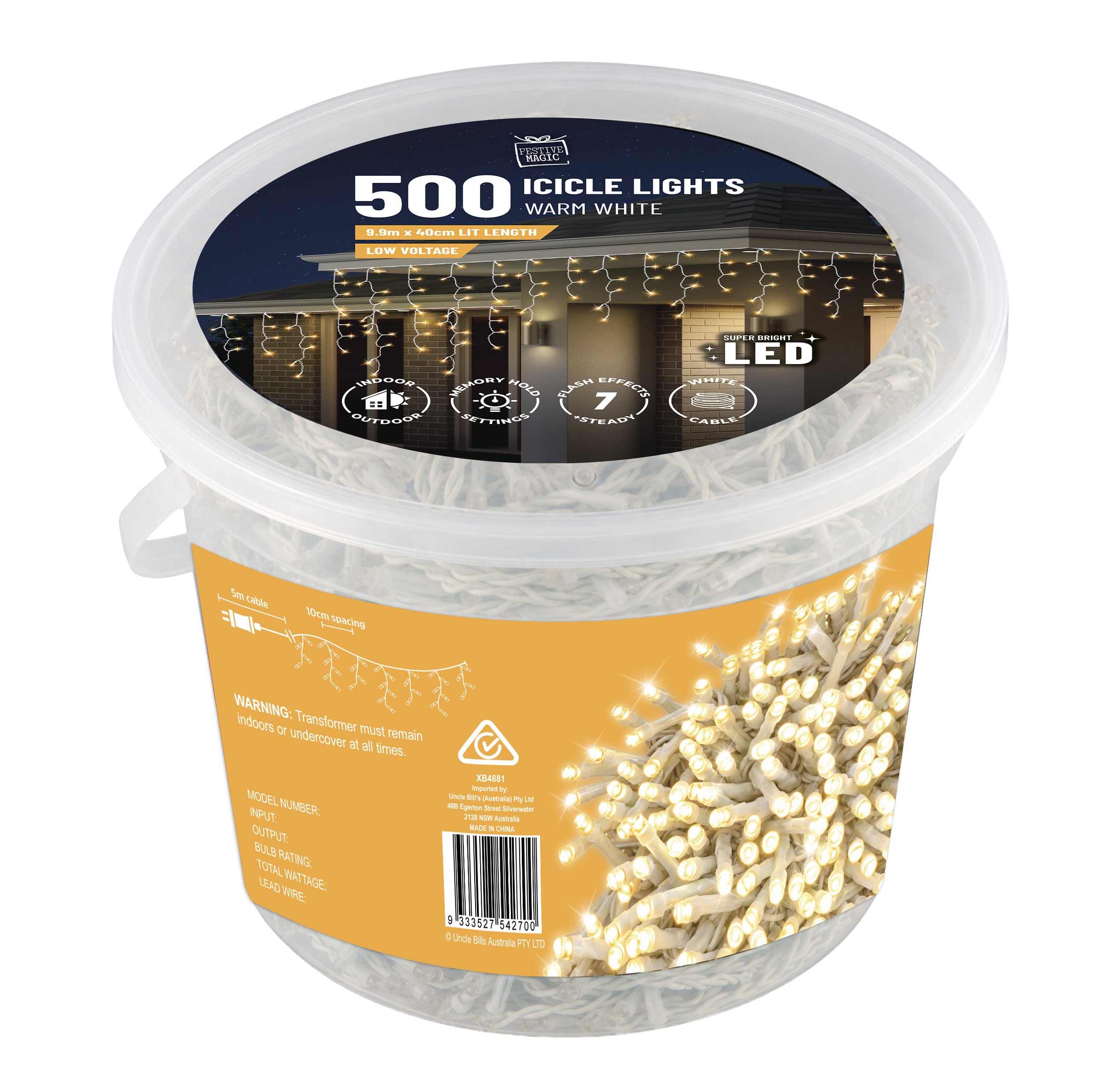 500 LED Flashing Icicle Lights – Warm White Tub