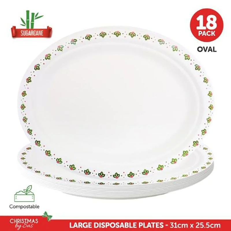 Eco - Friendly Christmas Oval Plates - Holly Design - 18 Pack