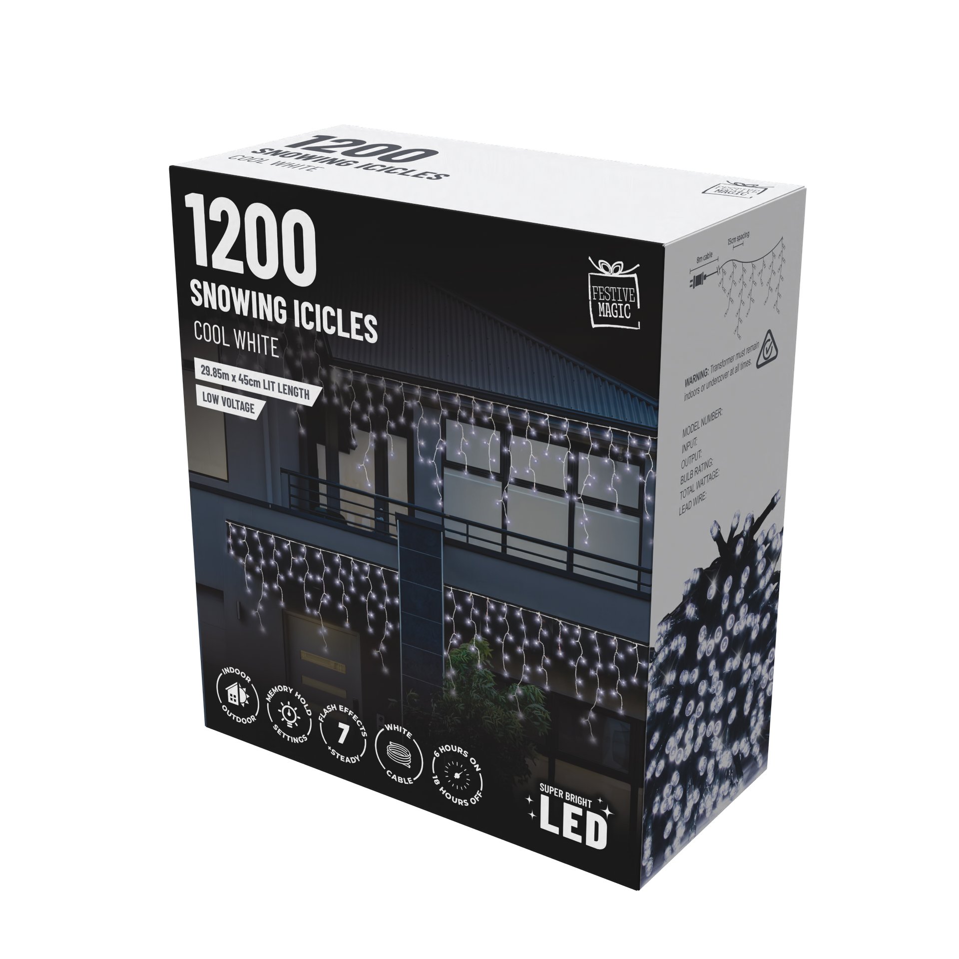 1200 LED Snowing Icicle Lights – Cool White with Hooks