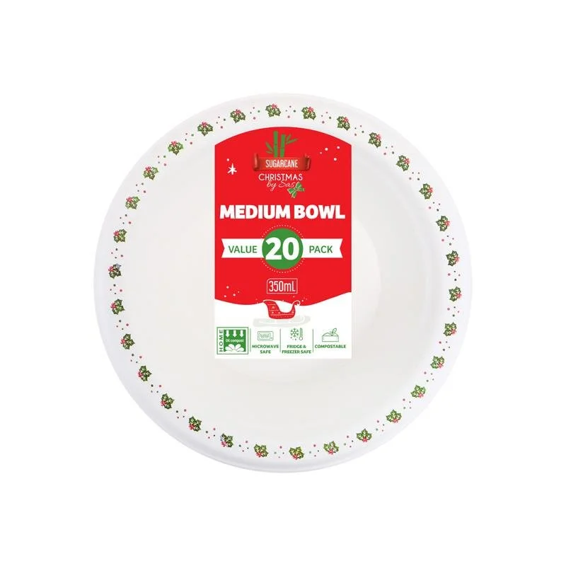 Sugarcane Bagasse Christmas Round Bowls 20pk – 350mL Holly Print