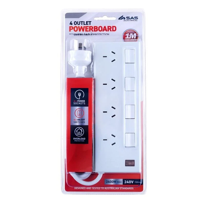 Power Board – 4 Outlets with Individual Switches & Overload Protection (White, 1m Cord)