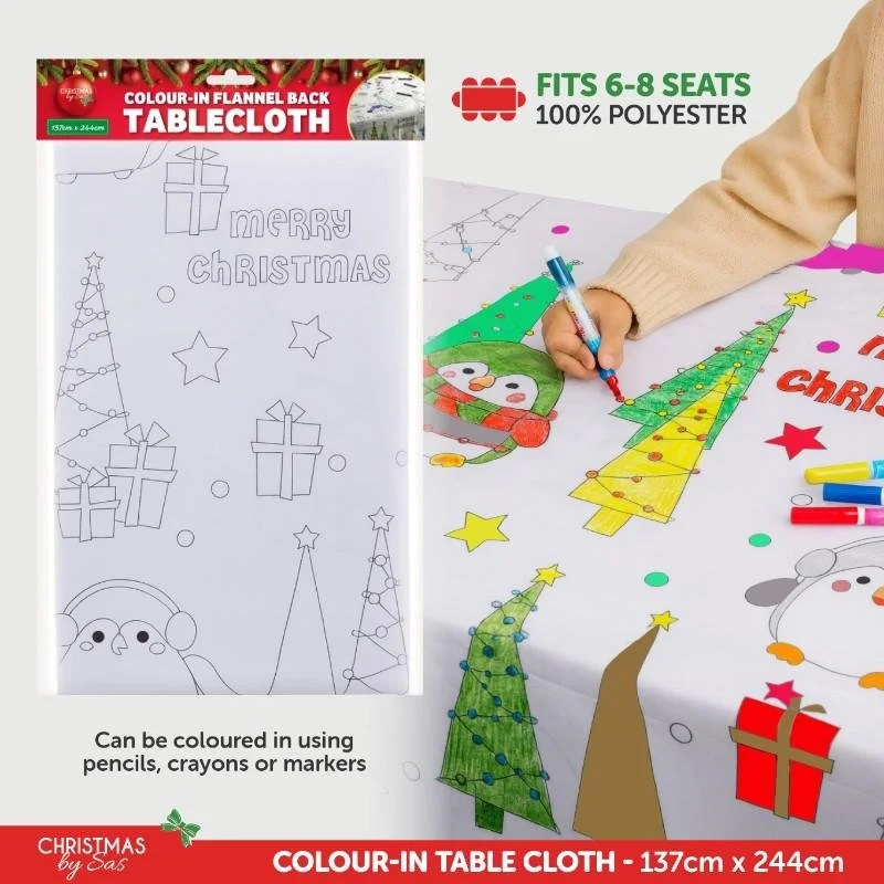 Color-In Christmas Tablecloth with Flannel Back