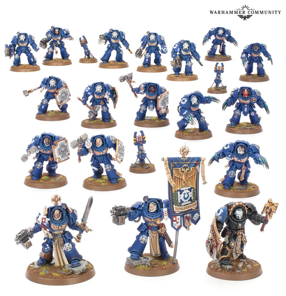 Battleforce: Crux Terminatus box showing Terminators, Captain, Chaplain, Ancient, and new Assault Terminator models.
