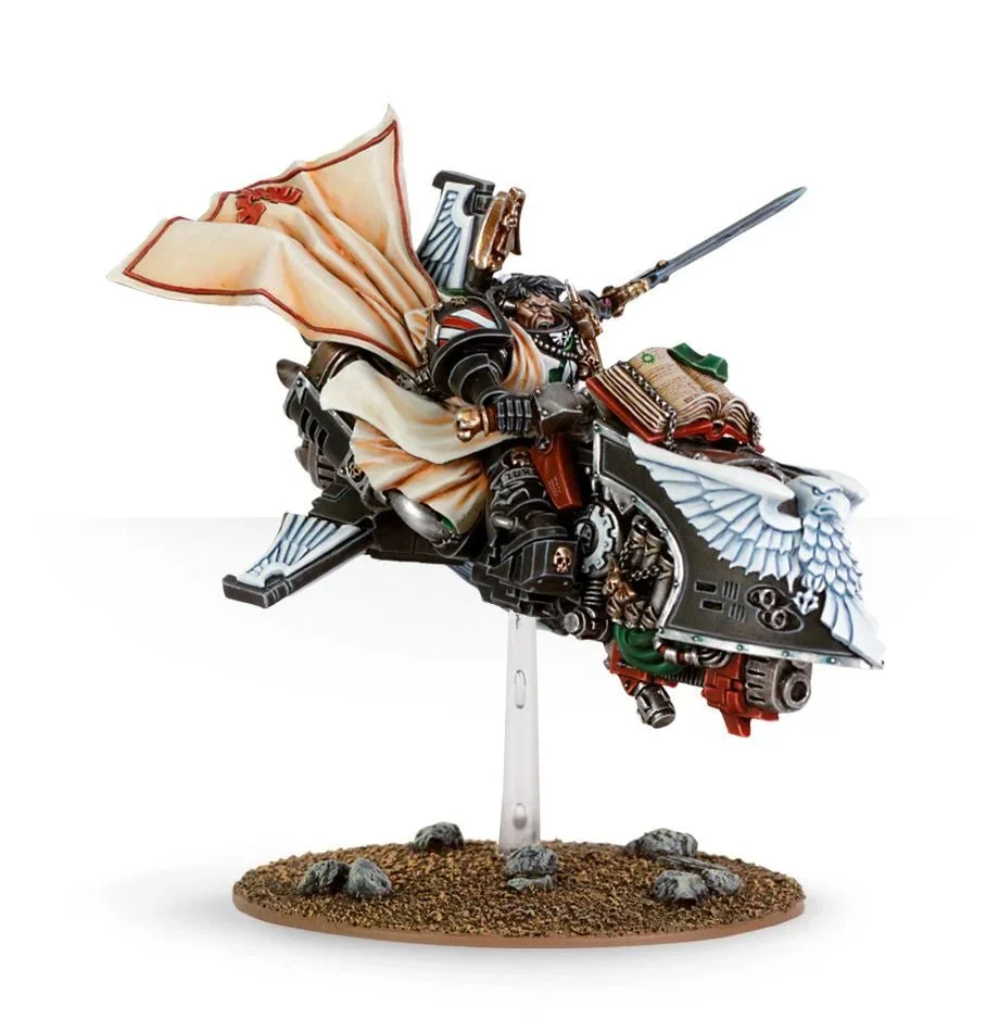 Dark Angels Grand Master Sammael riding the Corvex jetbike miniature.