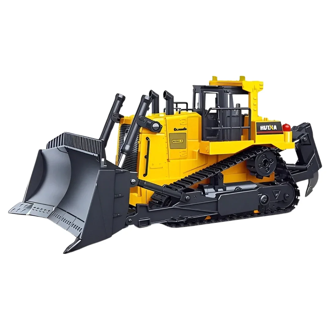 HUINA 1554 RC Bulldozer in khaki with LED lights, ripper, remote control, and rechargeable battery