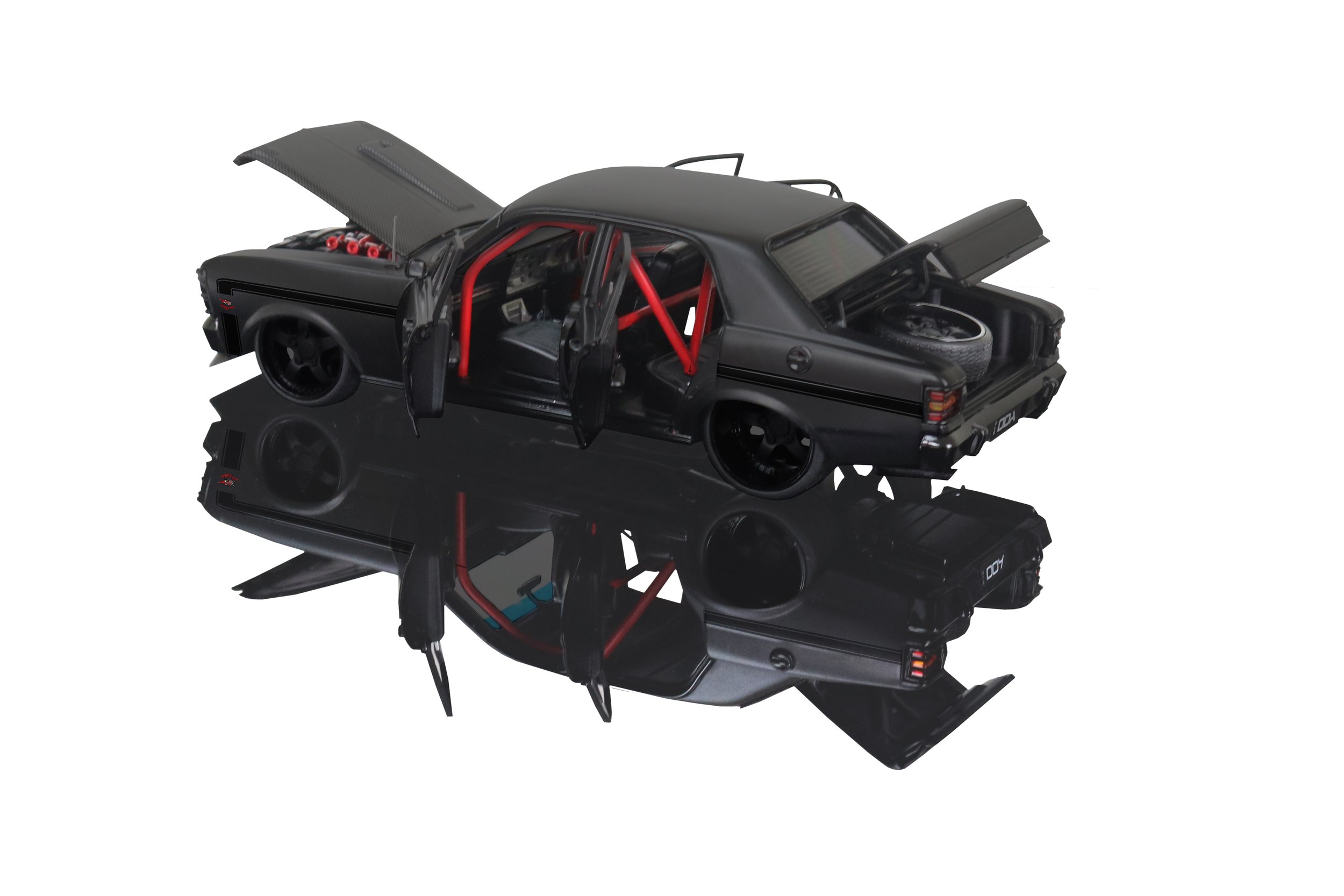 Limited-edition 1:24 scale DDA Ford Falcon XW 1969 “Inferno” die-cast model – matte black, carbon-look bonnet, red headlights, window-box packaging.