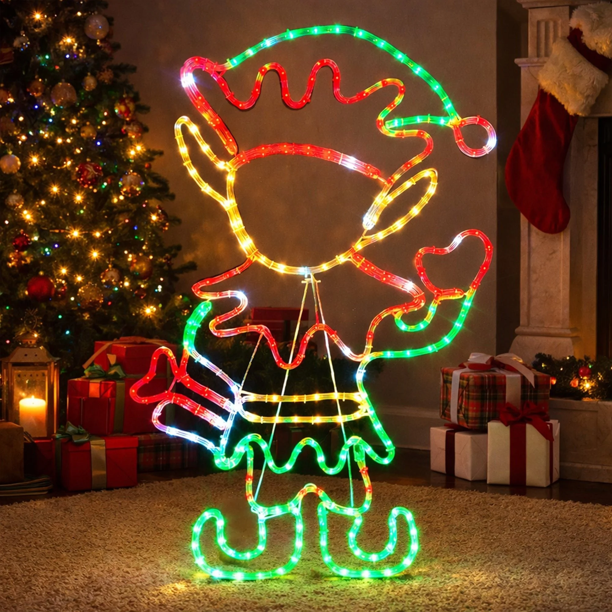 1.16m Multicolour Rope Light Christmas Elf Silhouette