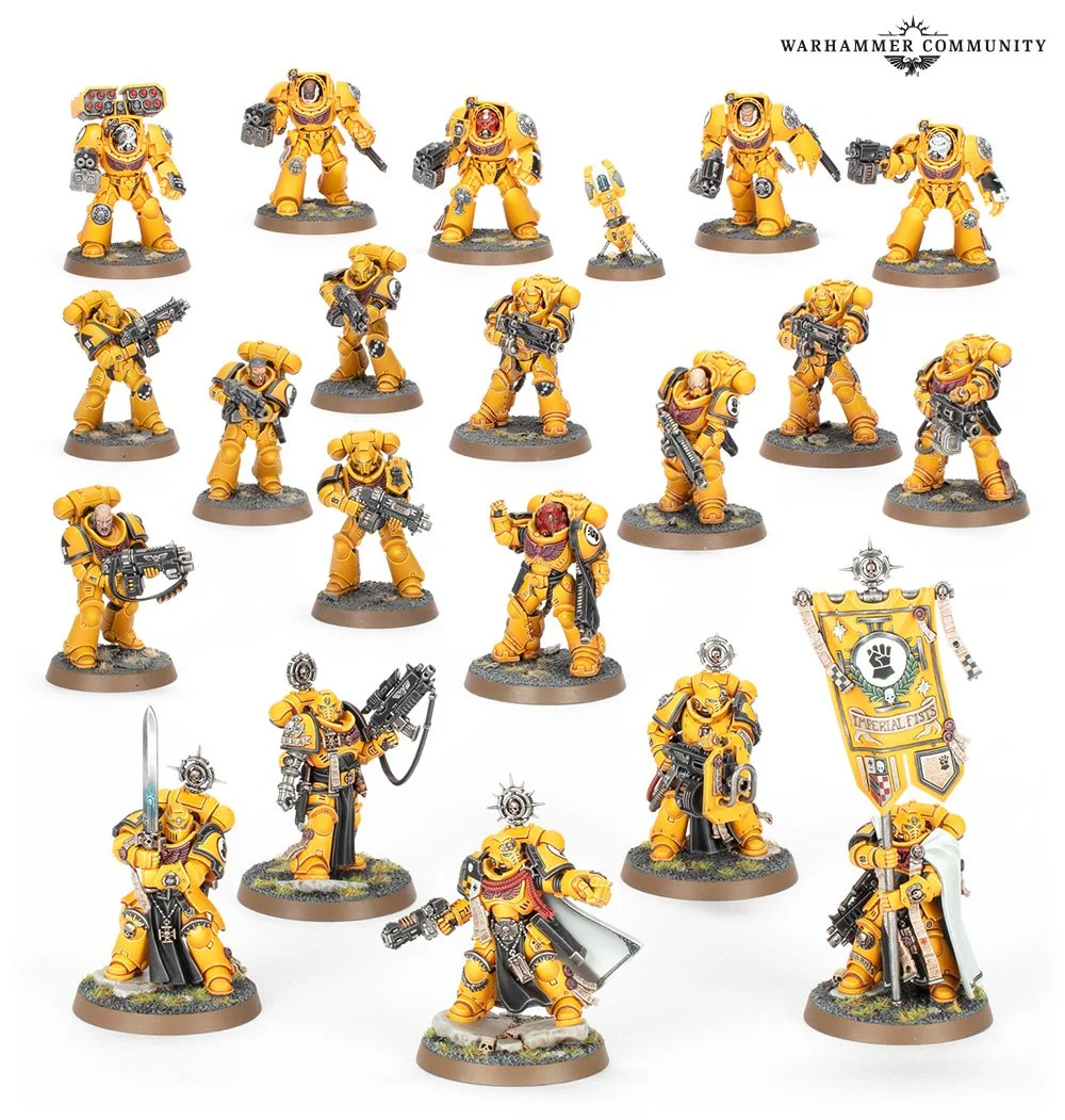 Combat Patrol: Imperial Fists – Warhammer 40,000 boxed set featuring Captain, Company Heroes, 5 Terminators, 5 Intercessors, 5 Heavy Intercessors, and Imperial Fists transfer sheet.