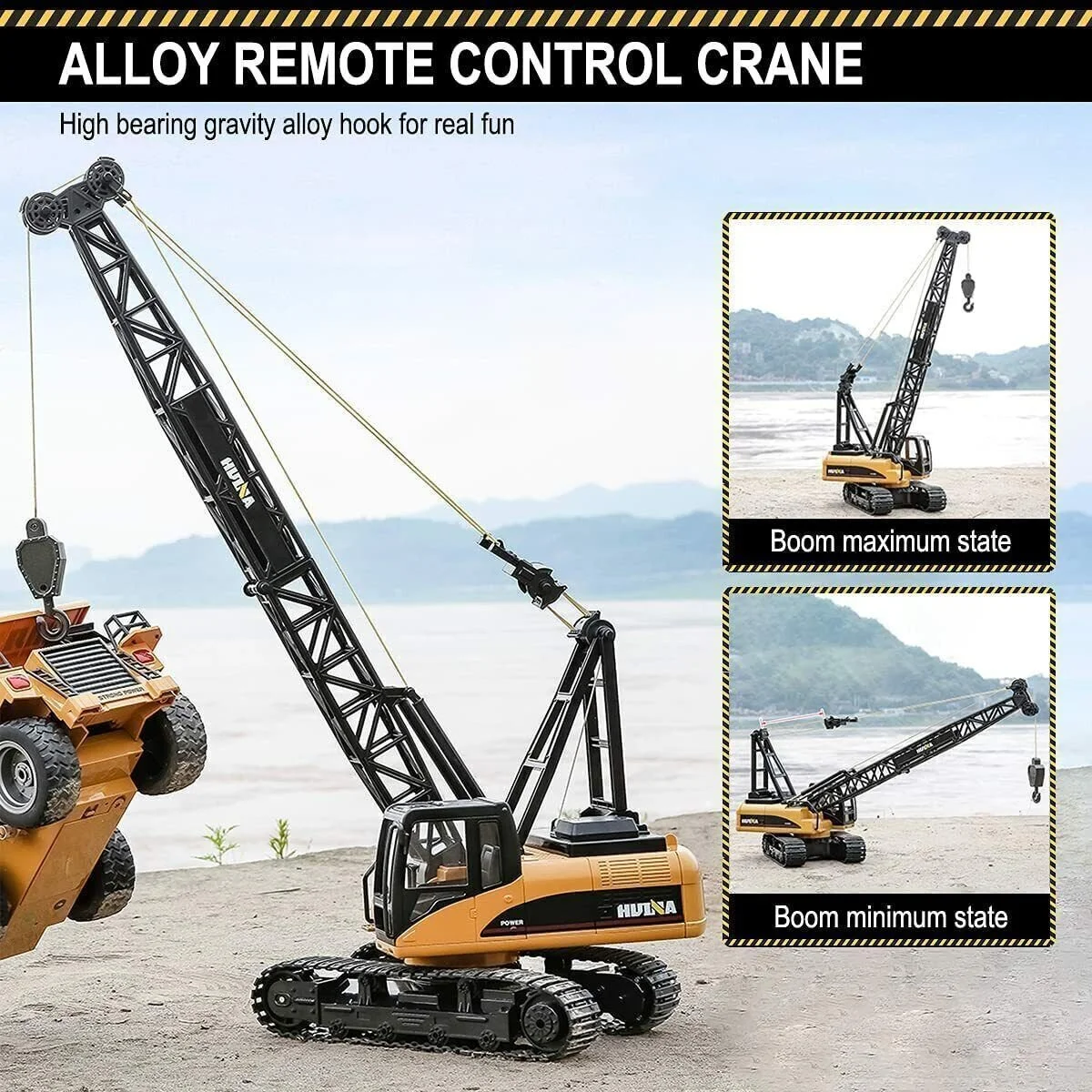 HUINA 1572 RC Crawler Crane 1:14 scale with 15 channels, metal hook, remote controller, and lifting arm