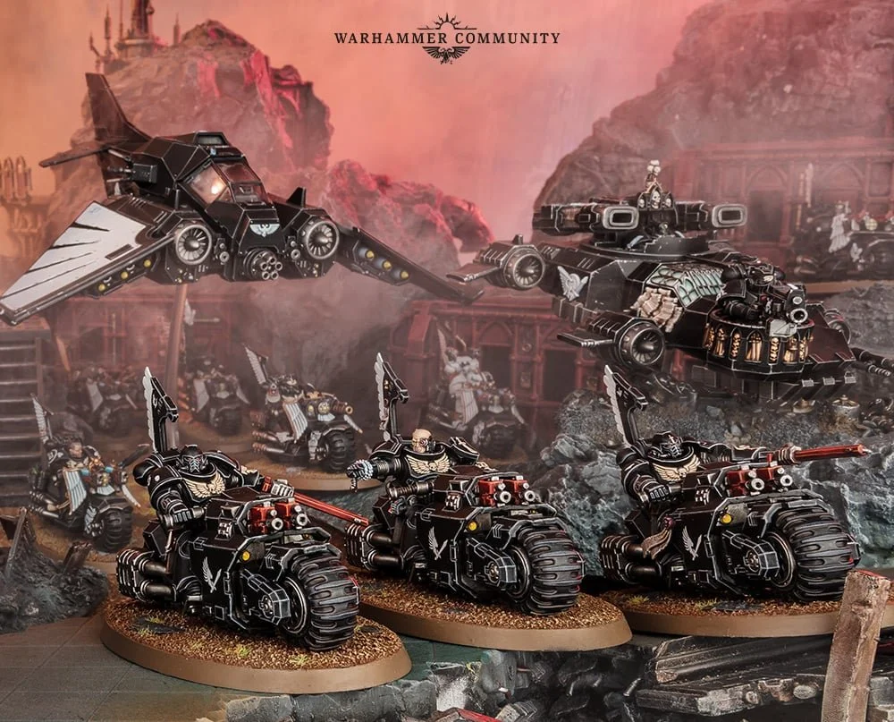 Dark Angels Ravenwing army with Space Marine bikes, speeders and aircraft.