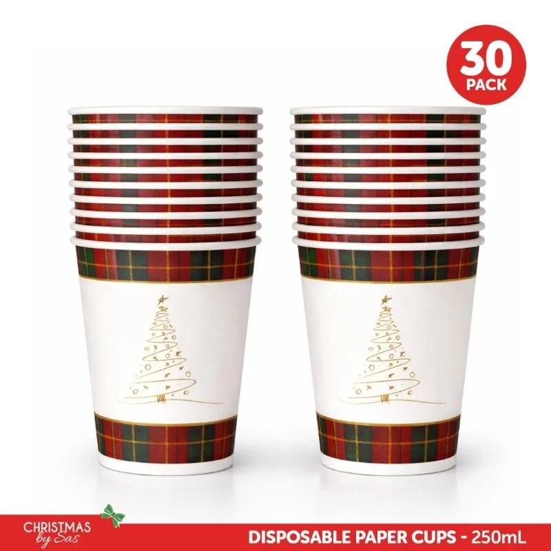 Festive Christmas Paper Cups - 250ml, 30 Pack