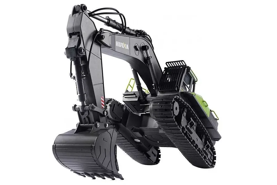 HUINA 1593 RC Excavator in black with alloy bucket, LED light, 22-channel remote, and rechargeable battery
