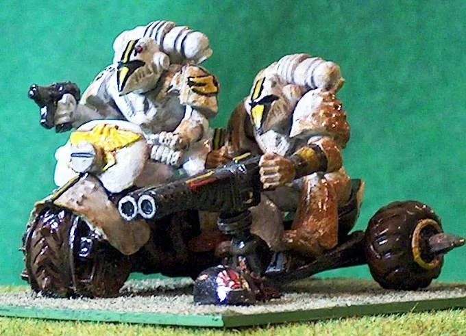 ainted Rogue Trader-era Space Marine Attack Bike miniature from the 1980s