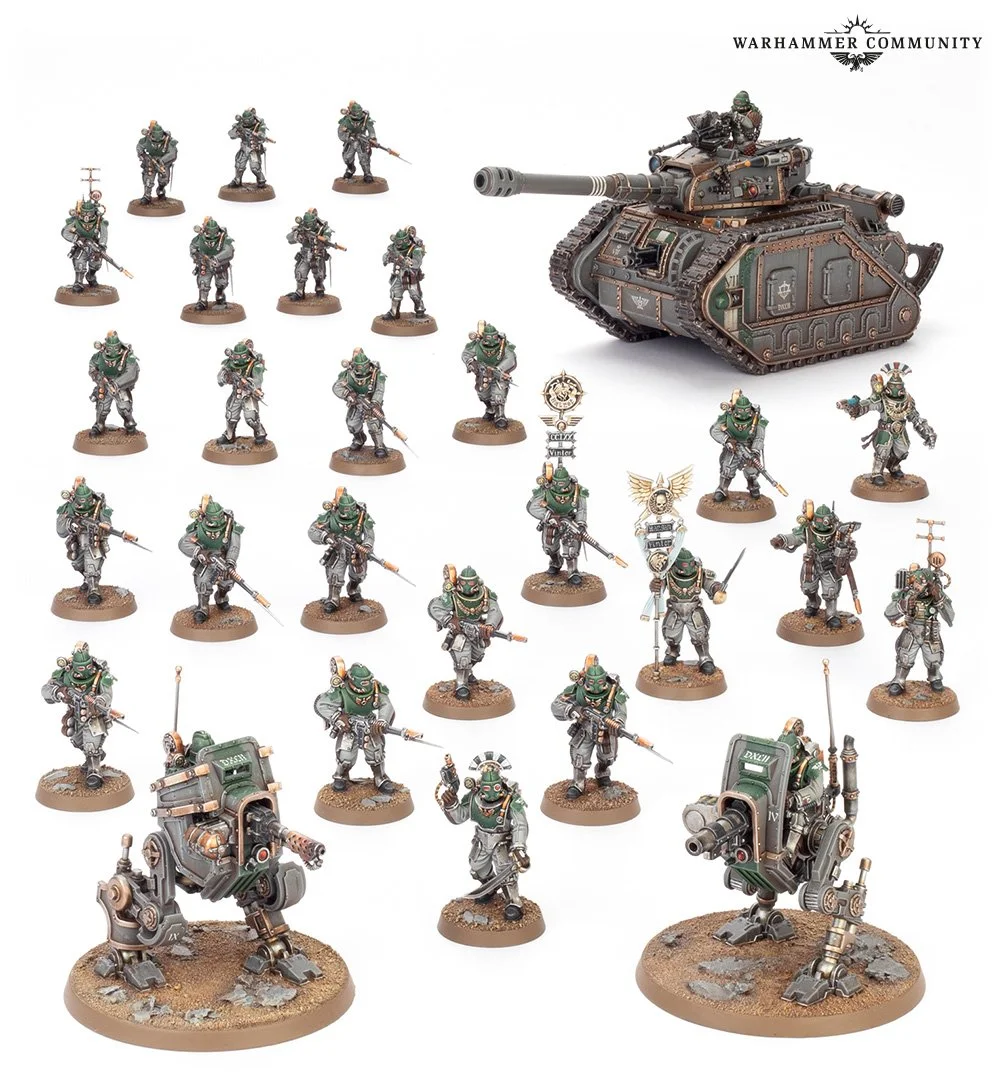 Solar Auxilia Combat Force box set with infantry, command section, Sentinels, and Leman Russ tank.