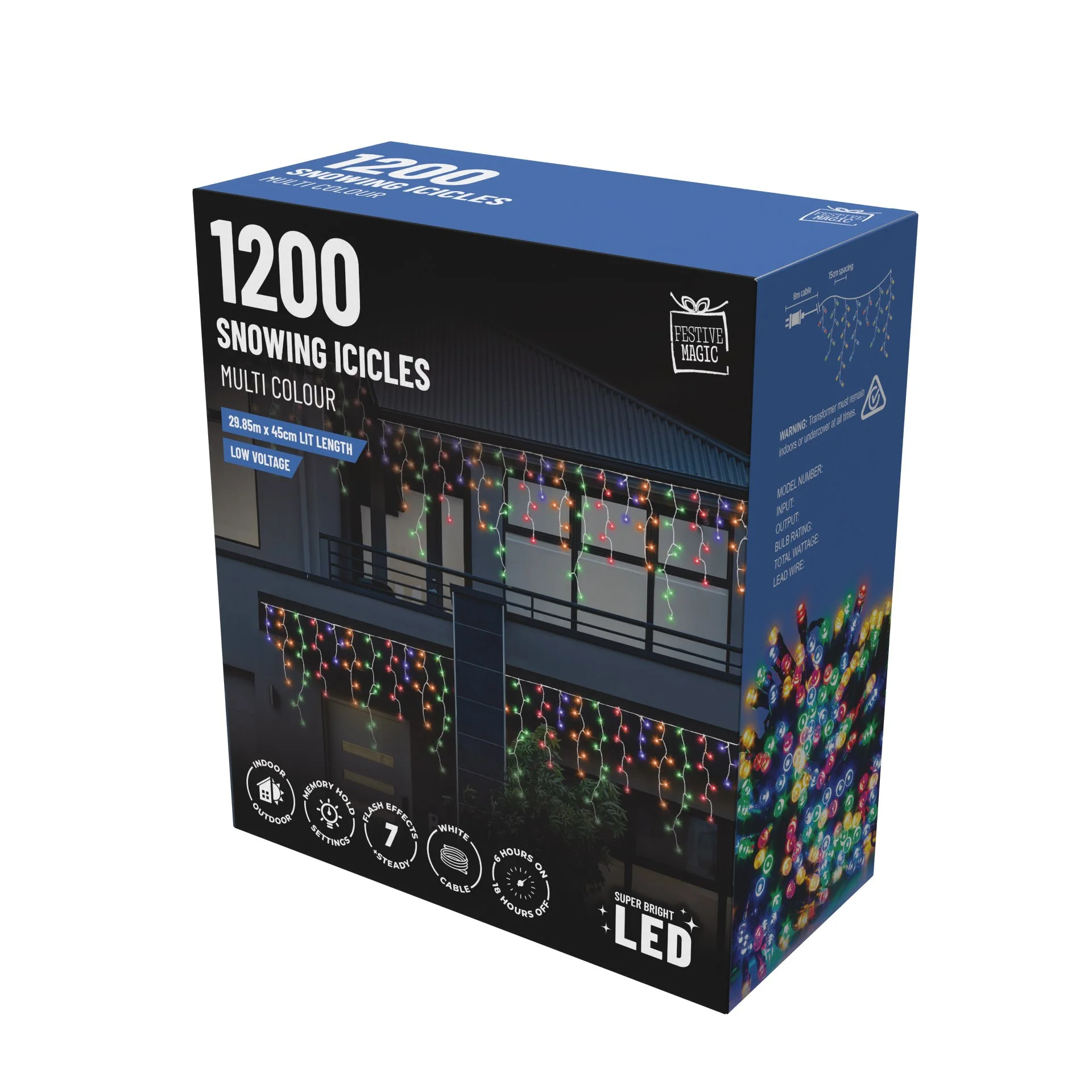 1200 LED Snowing Icicle Lights – Multi with Hooks