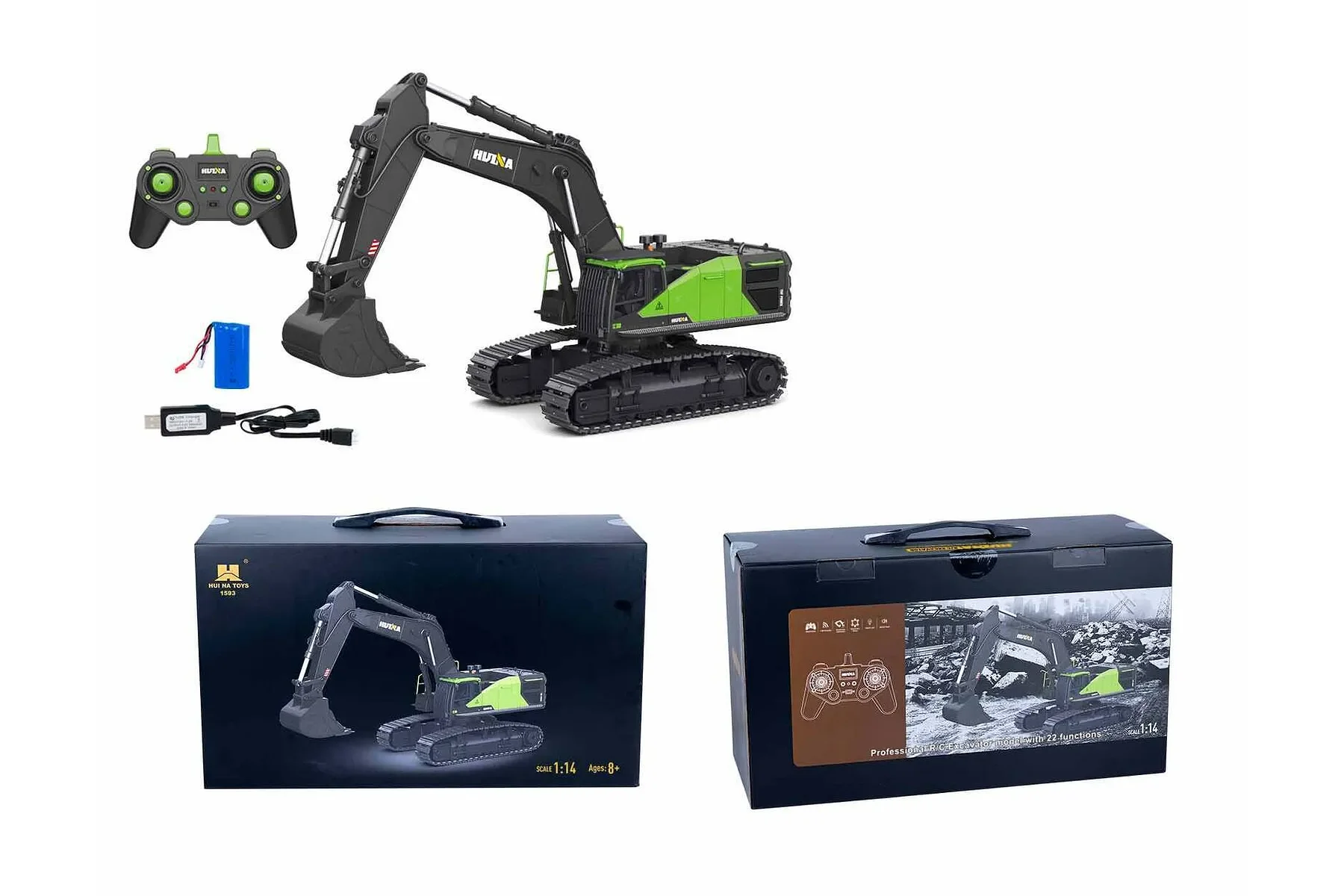 HUINA 1593 RC Excavator in black with alloy bucket, LED light, 22-channel remote, and rechargeable battery