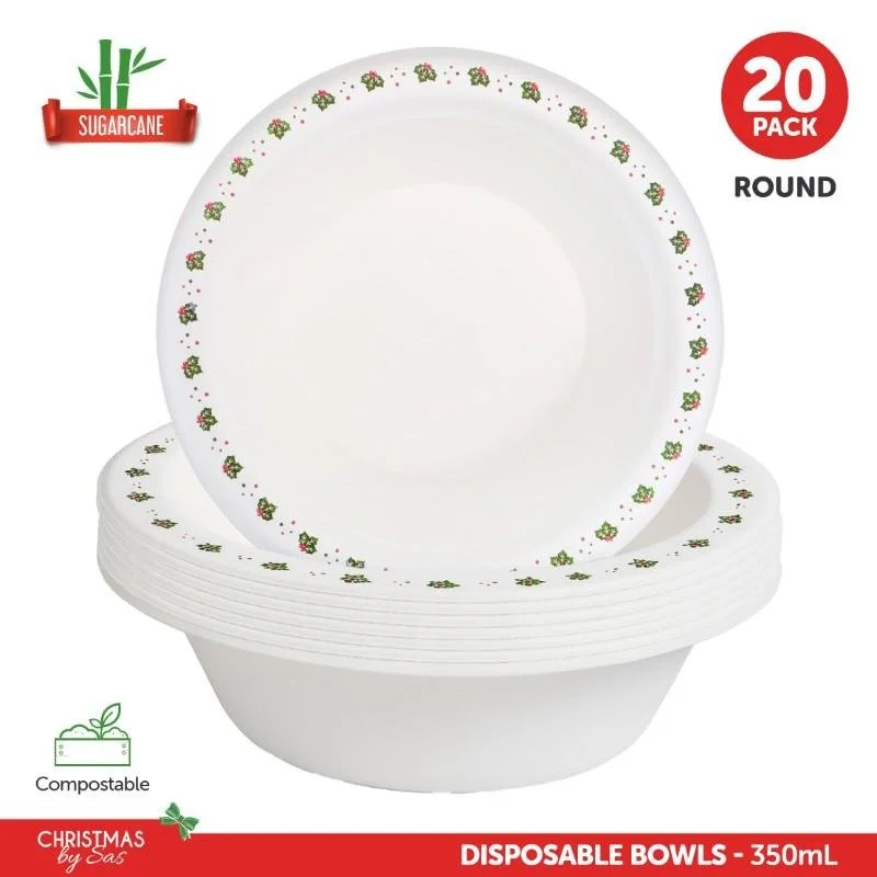 Festive Eco-Friendly Christmas Bowls - Holly Design - 20 Pack