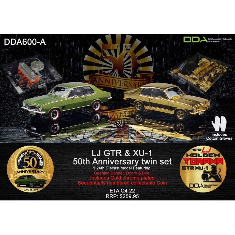 1:24 scale Holden LJ Torana 50th Anniversary Twin Set – green GTR and gold XU‑1 models with opening bonnet, doors and boot