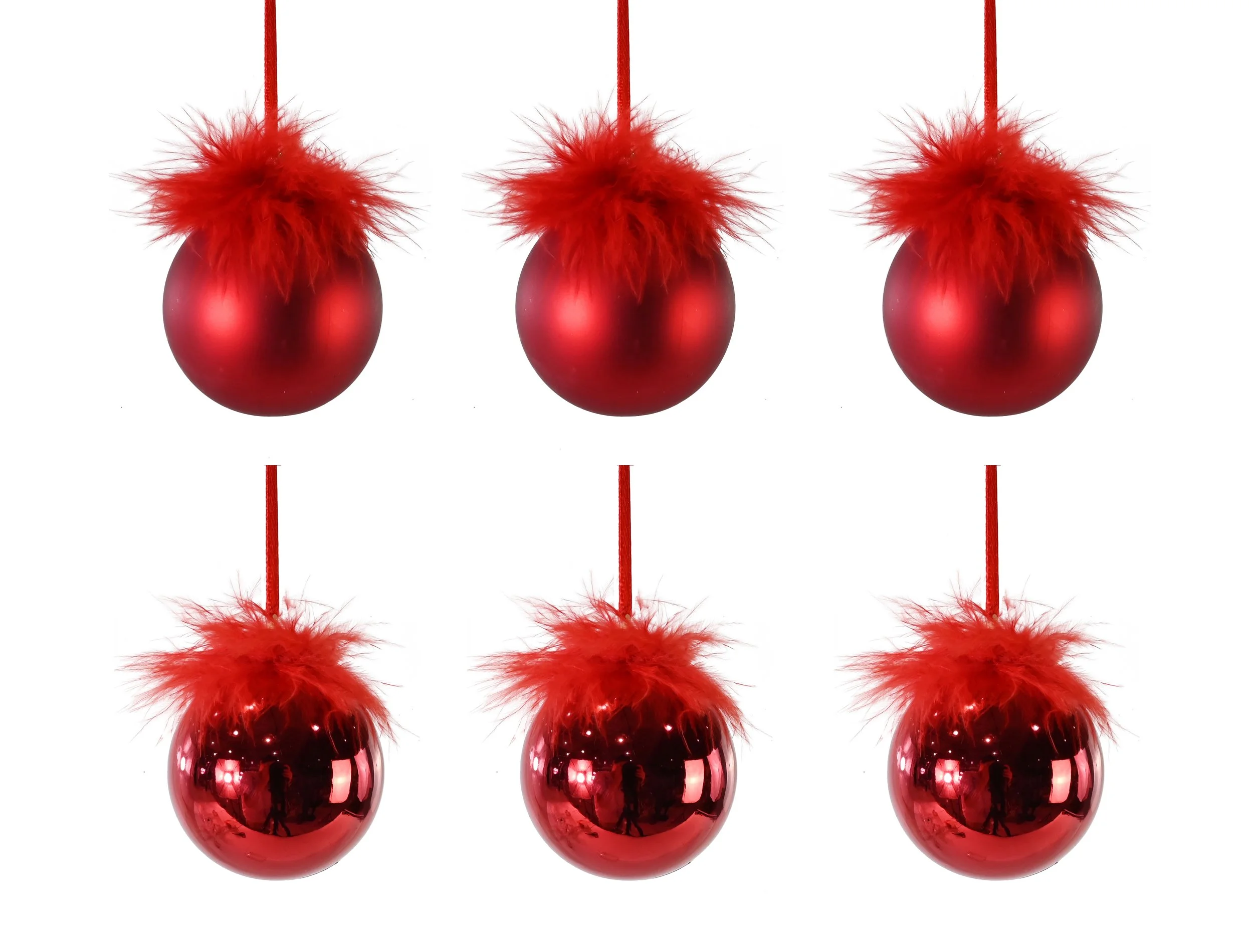 Red Fur Topped Baubles – 6cm, 8-Pack