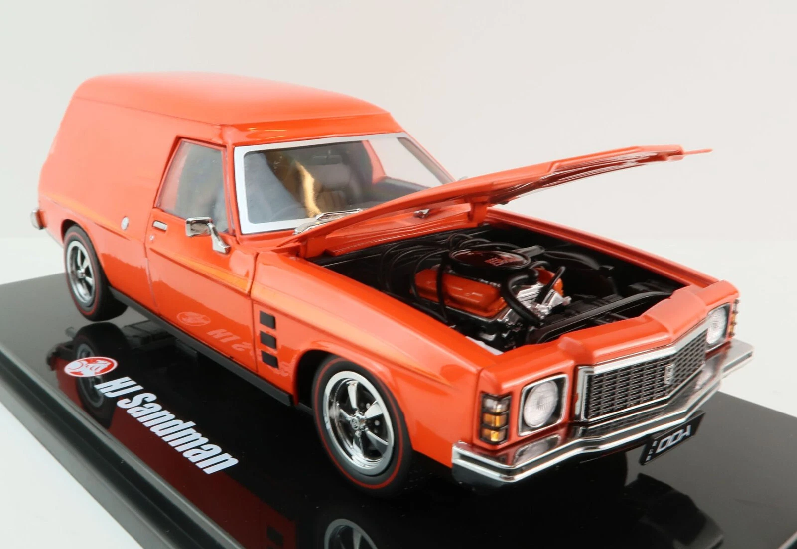 1:24 scale DDA Holden HJ Sandman Panel Van – Mandarin Red model with opening bonnet, doors & tailgate, detailed engine and black plinth display box