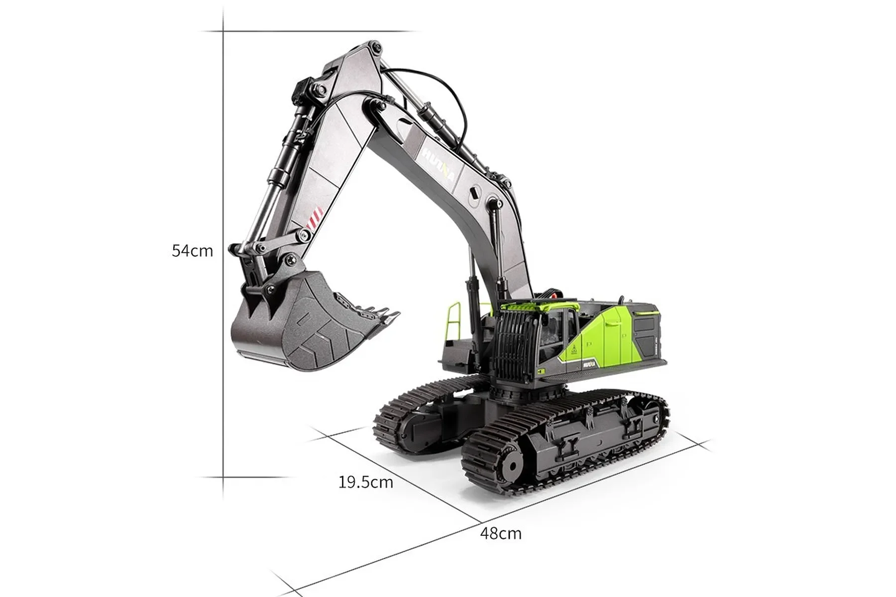 HUINA 1593 RC Excavator in black with alloy bucket, LED light, 22-channel remote, and rechargeable battery