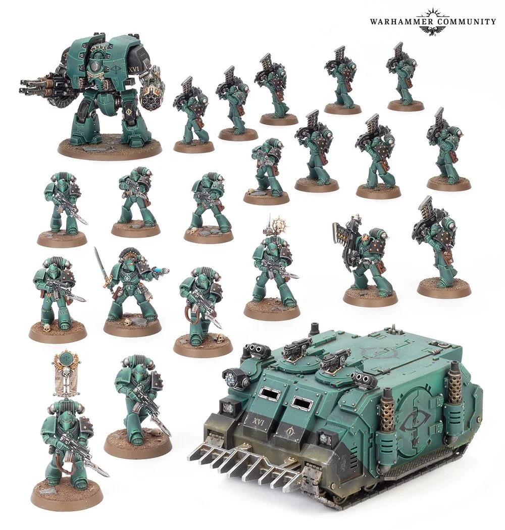 Legiones Astartes Combat Force box set with Leviathan Dreadnought, Rhino, and Space Marines.