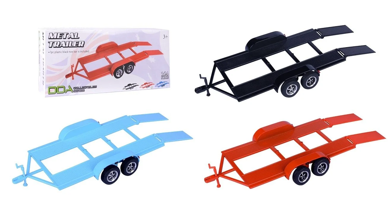 1:24 metal trailer with plastic tow bar die-cast accessory in assorted colours