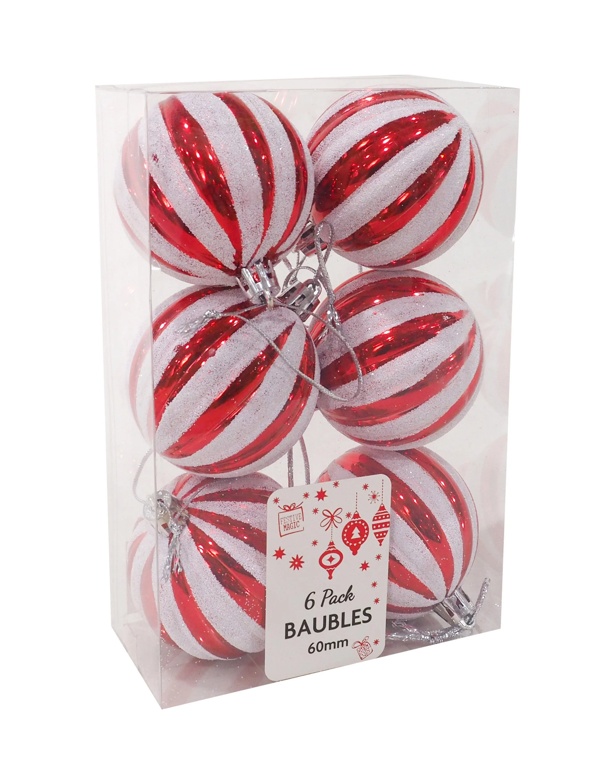 Candy Cane Ribbed Baubles 60mm 6-Pack