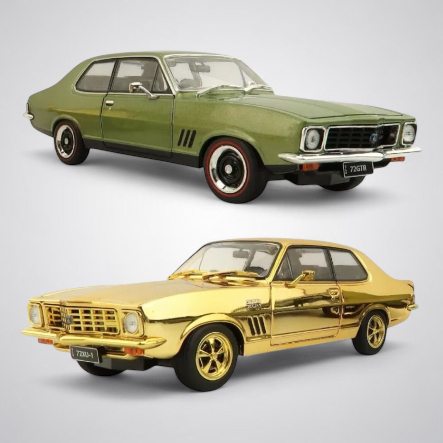 1:24 scale Holden LJ Torana 50th Anniversary Twin Set – green GTR and gold XU‑1 models with opening bonnet, doors and boot