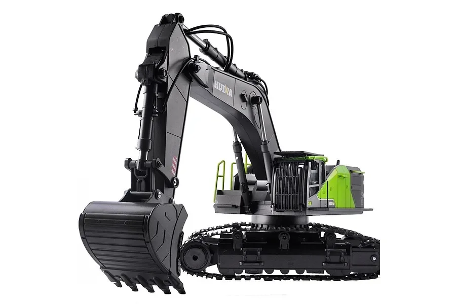 HUINA 1593 RC Excavator in black with alloy bucket, LED light, 22-channel remote, and rechargeable battery