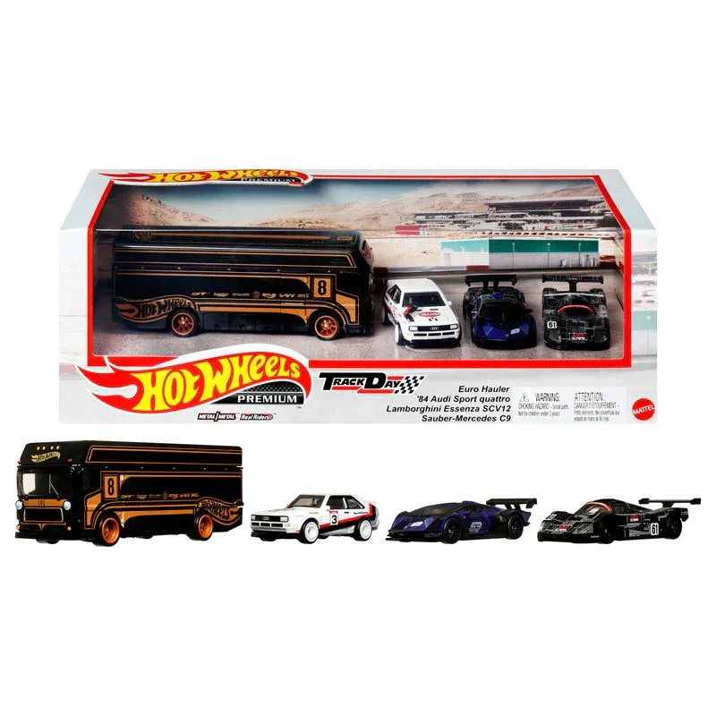Hot Wheels 1:64 Track Day Premium Collector Set – 3 Cars + Transport Vehicle