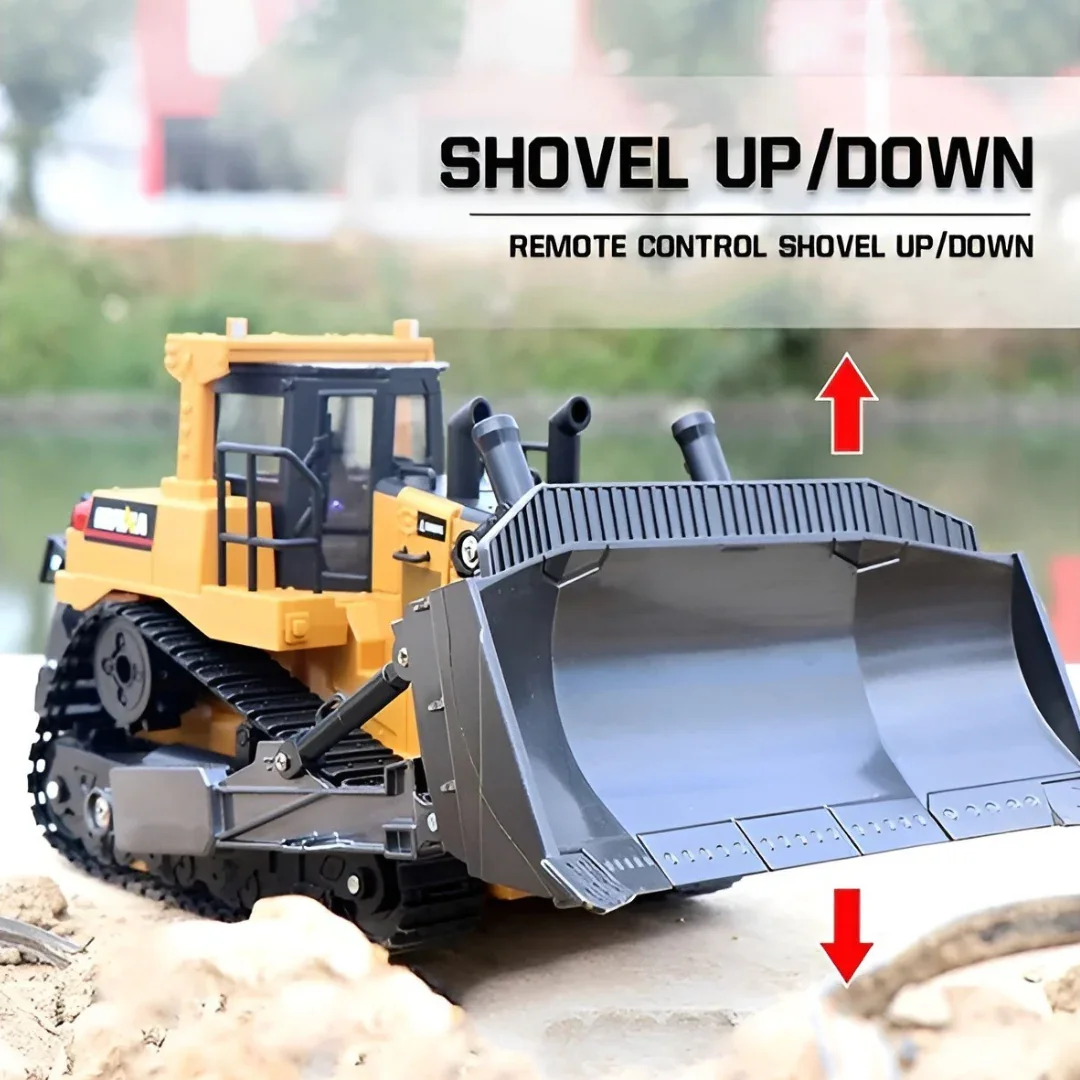 HUINA 1554 RC Bulldozer in khaki with LED lights, ripper, remote control, and rechargeable battery.webp