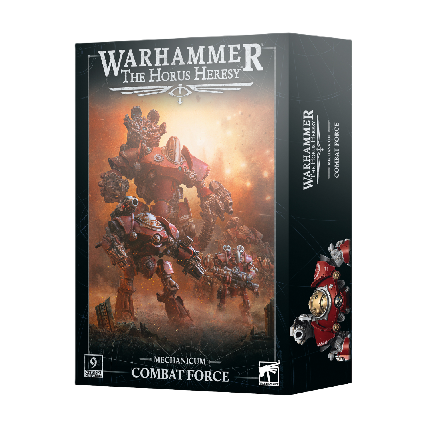 Image Alt Text Mechanicum Combat Force box set with Thallax, Castellax, and Thanatar Siege-automata.