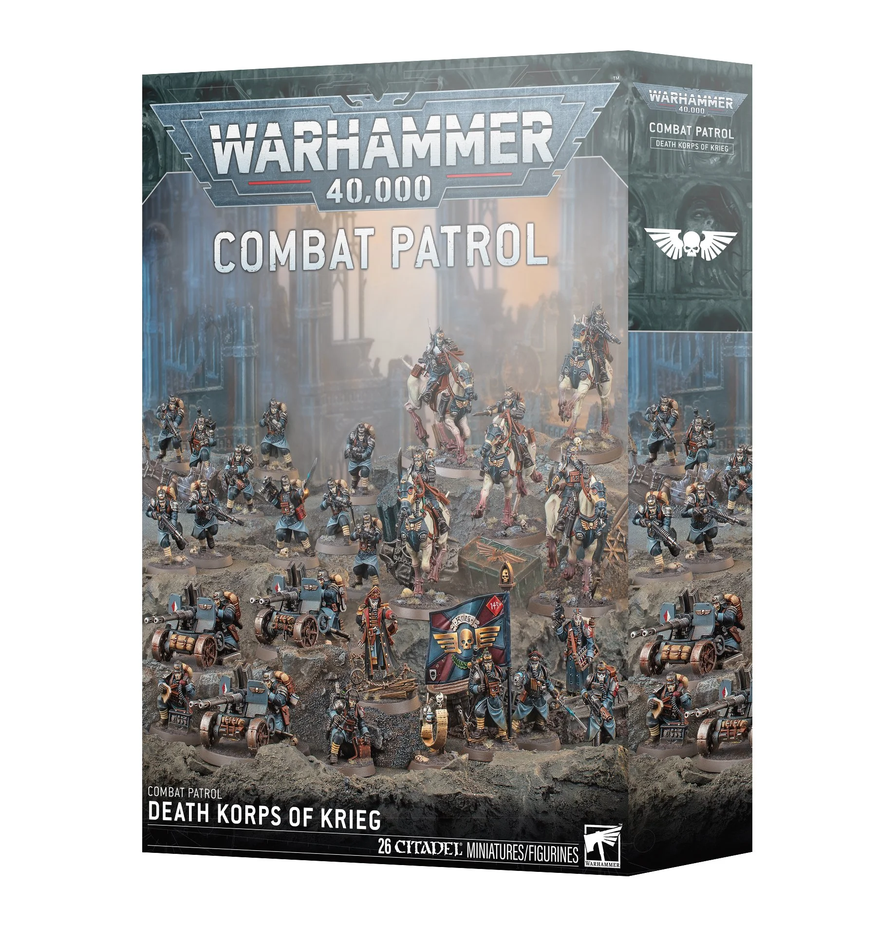 Combat Patrol: Death Korps of Krieg – Warhammer 40,000 boxed set featuring a Commissar, Command Squad, Infantry, Heavy Weapons, and 5 Death Riders.