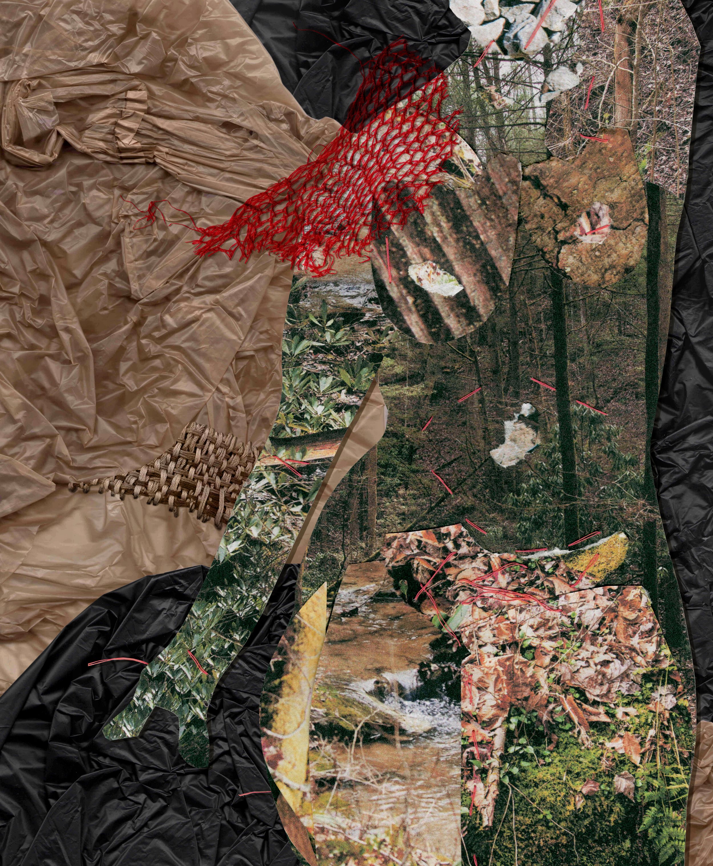 Mixed collage of natural and textured materials depicting a forest scene with stream, leaves, and trees, layered with crumpled paper, fabric, and stitching elements.
