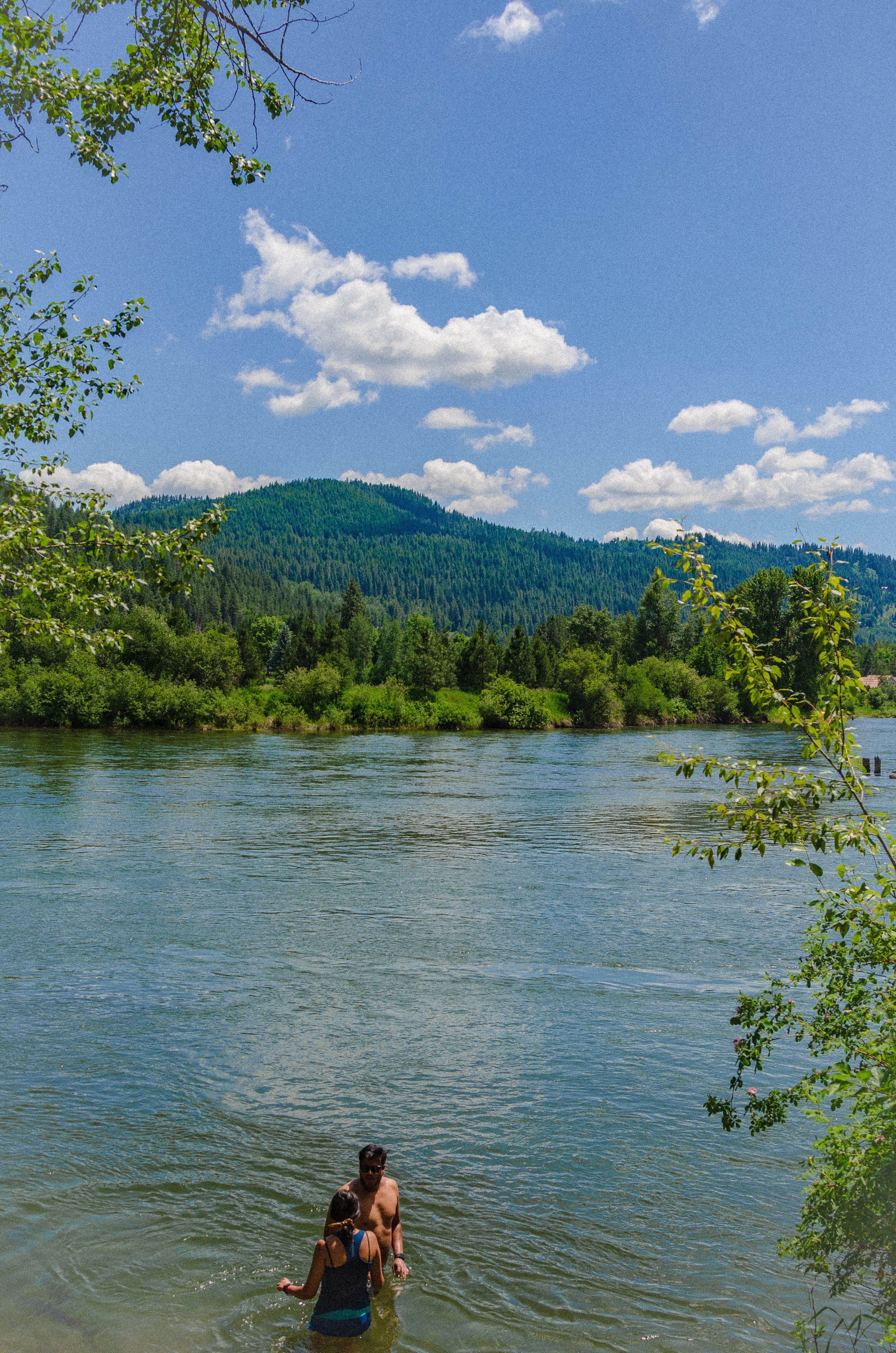 People swimming in a river surrounded by green trees and mountains under a blue sky with scattered white clouds.