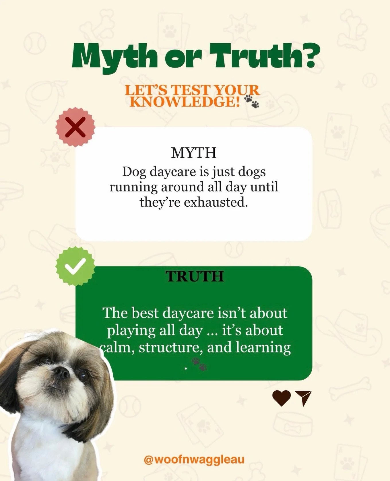 MYTH or TRUTH? 👀🐾

A great dog daycare isn&rsquo;t about sending your dog home absolutely wrecked, It&rsquo;s about sending them home fulfilled.

✨ Calm minds ✨ Structured socialisation
✨ Guided play✨ Learning boundaries
✨ Building confidence ✨ Res