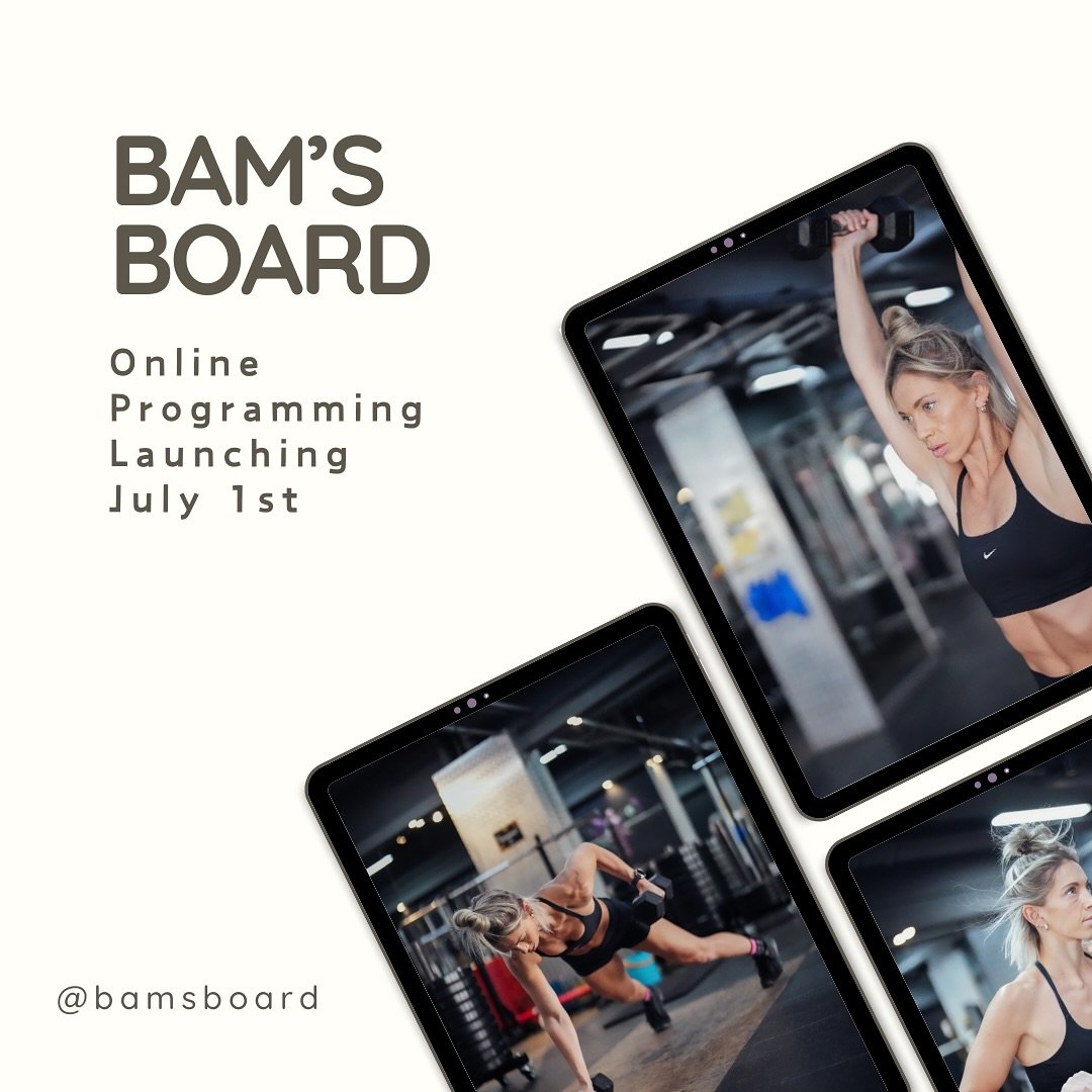 📆 Bam&rsquo;s Board Online Programming Coming July 1st ✨

3-5 weekly training sessions delivered via an app with coaches notes and videos. Workouts made effective and efficient. 

3 pillars:
- Strength
- Shred 
- Hybrid 

Swipe along to find out mor