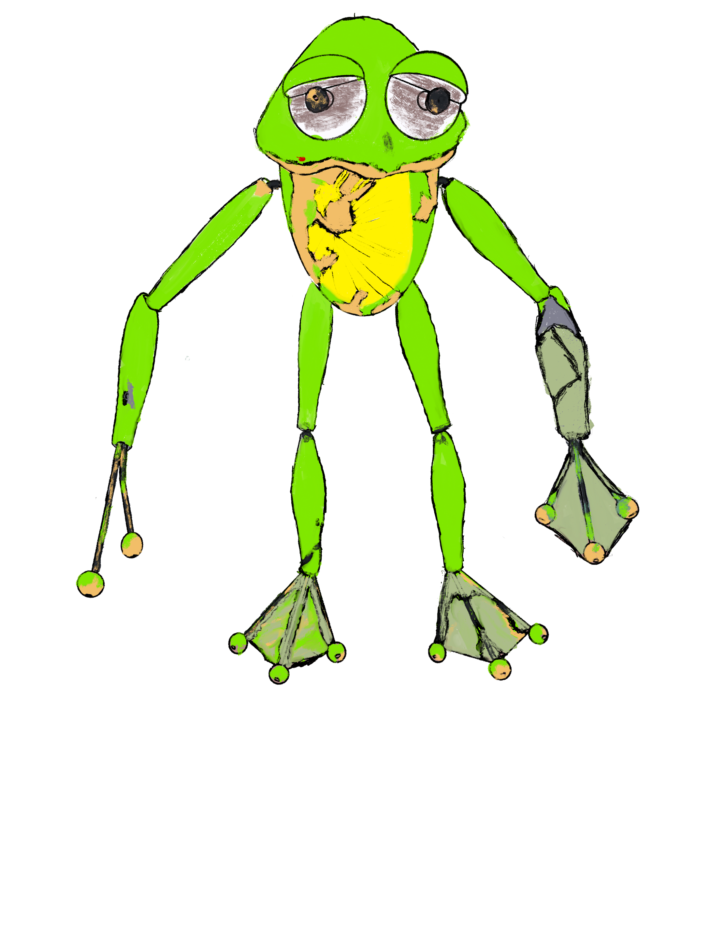 Drawn robot with a frog face, large eyes, and a yellow chest, holding a cane in one hand and a paper in the other.