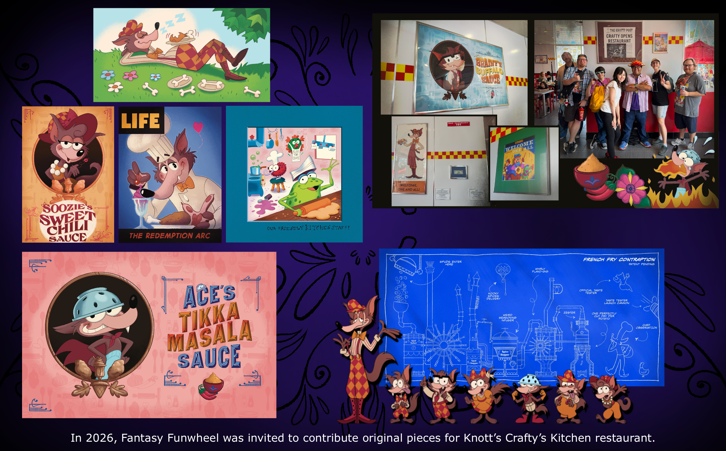 Collage showcasing Fantasy Funwheel’s original artwork created for Knott’s Crafty’s Kitchen in 2026, including colorful Crafty Coyote character illustrations, food-themed sauce designs, a kitchen staff illustration, a French fry contraption blueprint