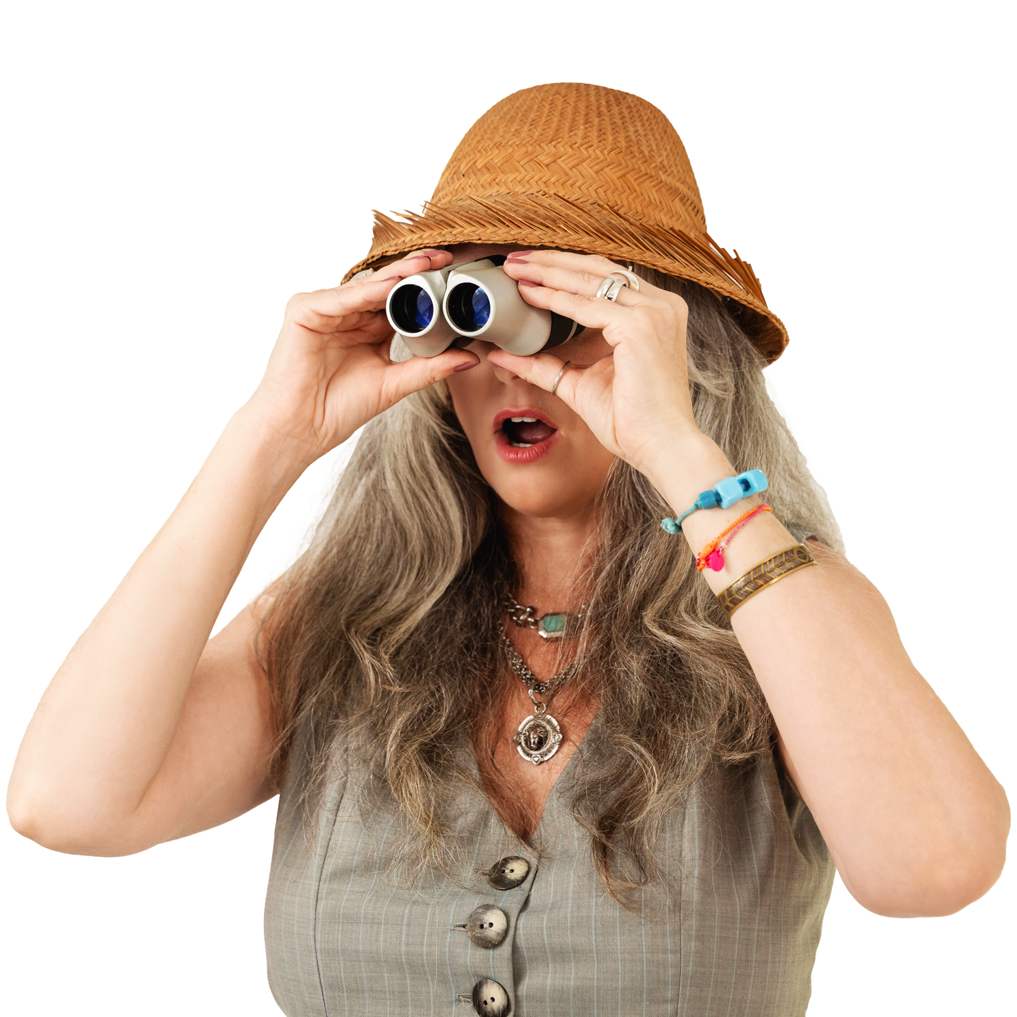 Woman wearing a large straw hat and jewelry, holding binoculars to her eyes and looking ahead.