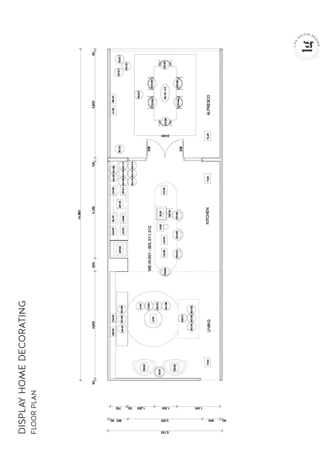 Floor plan of a home display design showing the living room, kitchen, and outdoor patio with labeled furniture and layout.