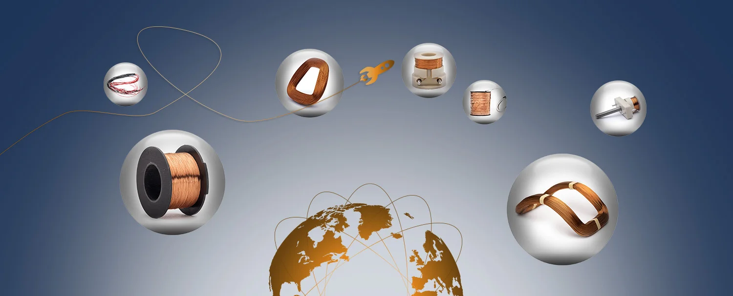 Overview graphic showing Anstee Coil's range of custom electromagnetic coils, bobbin windings, and specialized copper components supplied globally