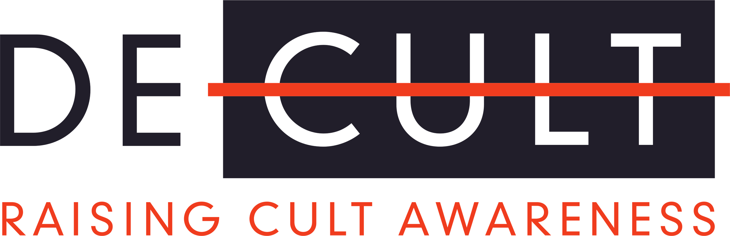 Logo for DeCULT raising cult awareness with stylized text, a red line through the word 'DeCULT,' and red text below.