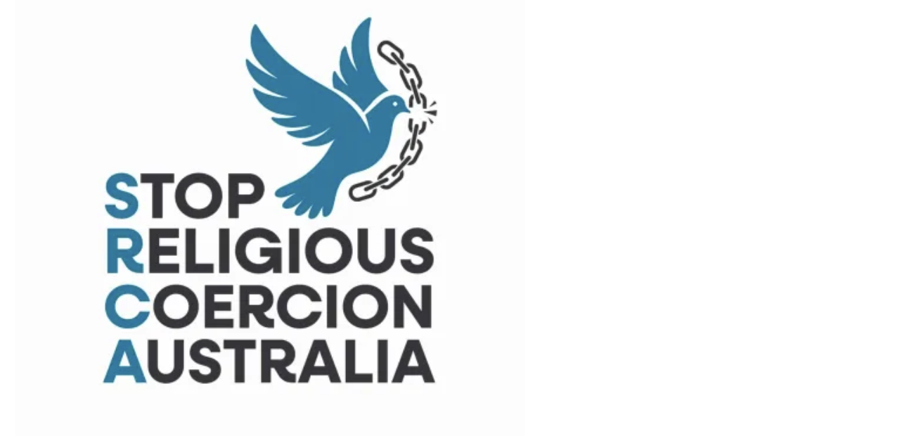 Logo with a dove holding a chain, and text saying 'STOP RELIGIOUS COERCION AUSTRALIA' with the initials SRC highlighted in blue.