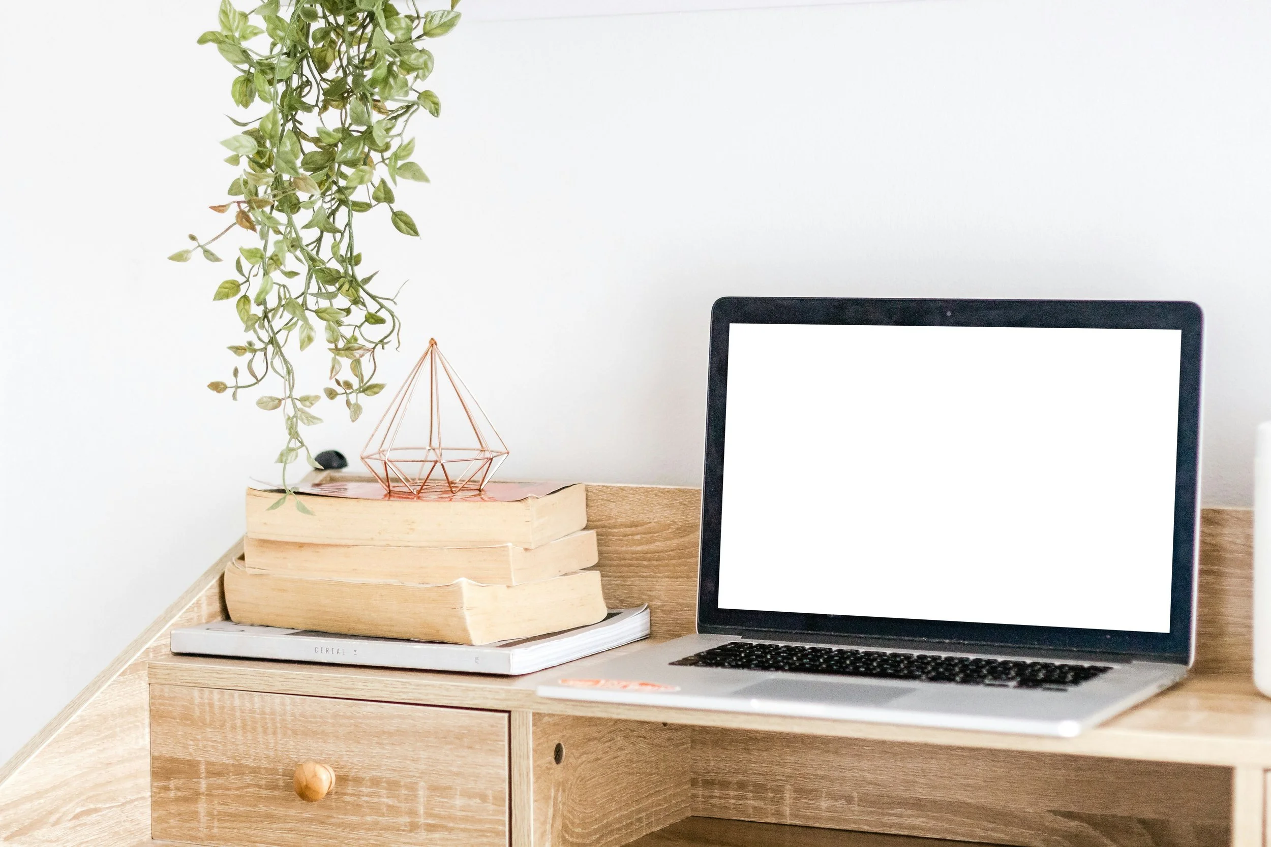 A wooden desk with a computer, stacked books, a plant hanging from above, a geometric terrarium, and a small stone on top of the books.